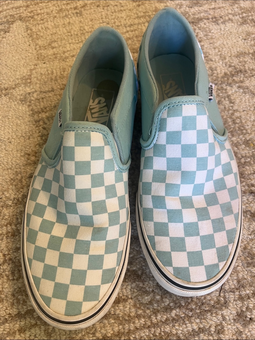 Vans women’s  Classic Slip-On Checkerboard Sneakers in Light Blue